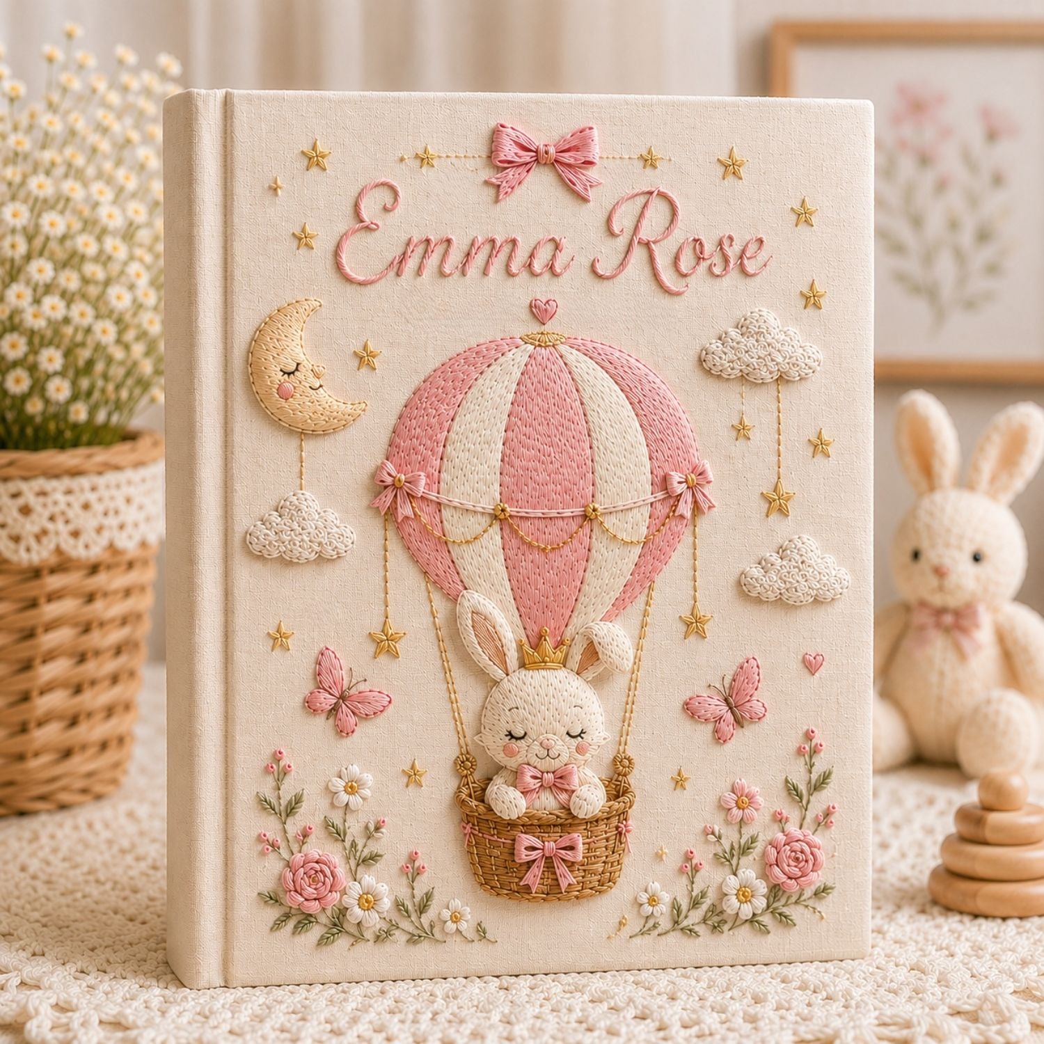 Personalized hand embroidered photo album featuring a crowned bunny in an elegant balloon basket beneath a sleepy crescent moon with hanging stars, butterflies, clouds, flowers, and custom name embroidery on a premium linen cover