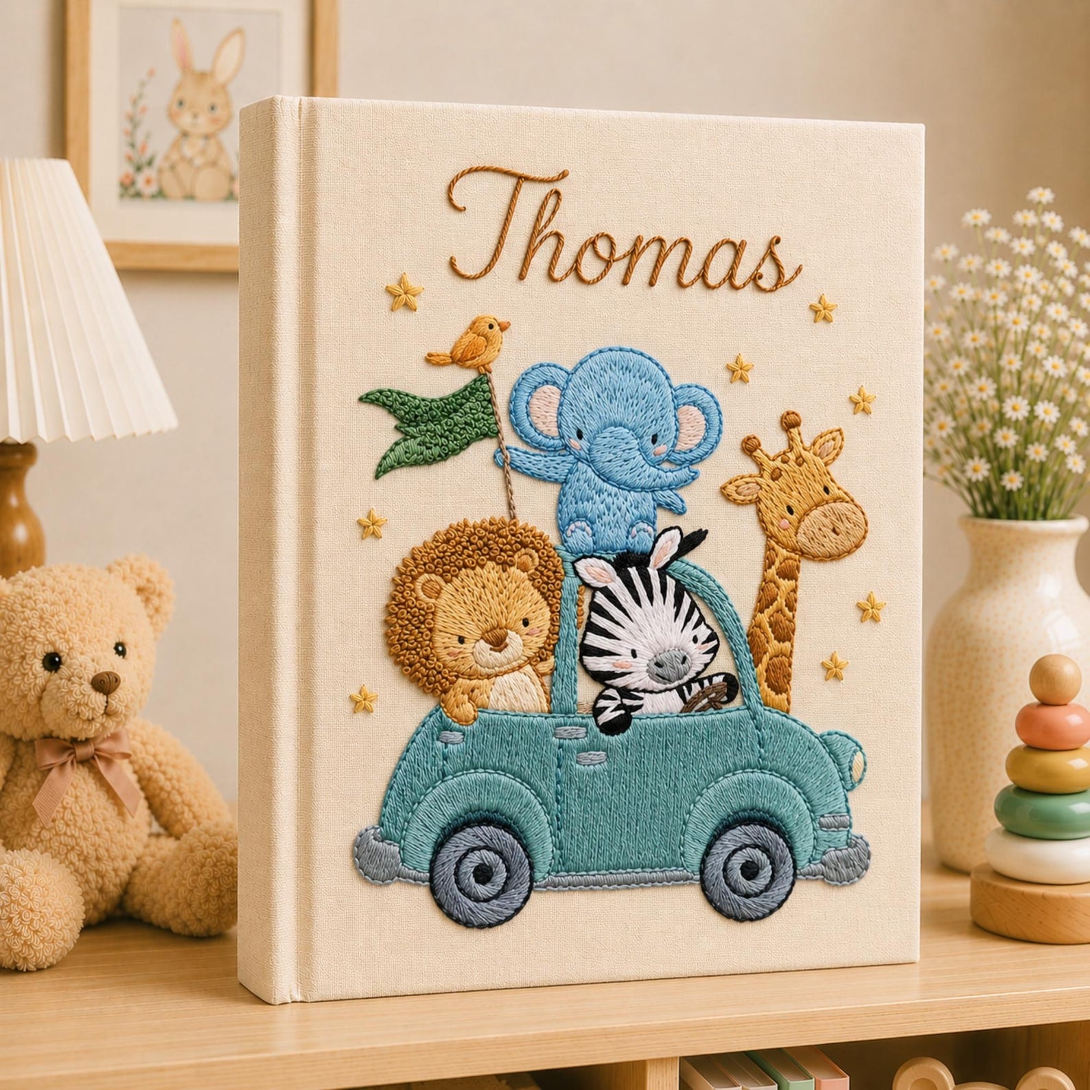 Personalized safari animals hand embroidered photo album with elephant lion zebra giraffe and vintage car design