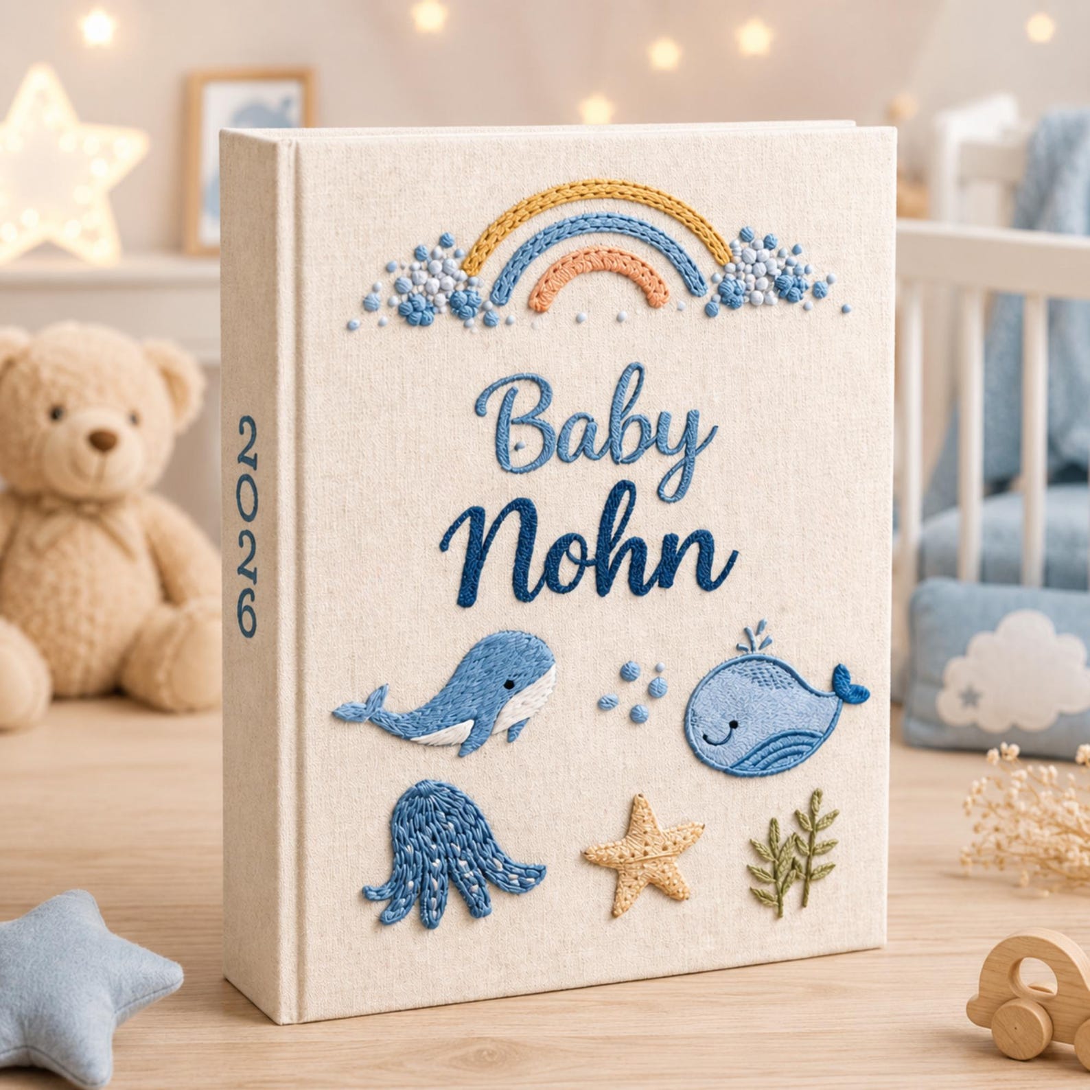 Personalized ocean animal hand embroidered photo album with whales jellyfish and rainbow nursery design