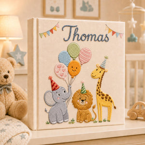 Personalized safari animal hand embroidered photo album with elephant lion giraffe and balloons nursery design