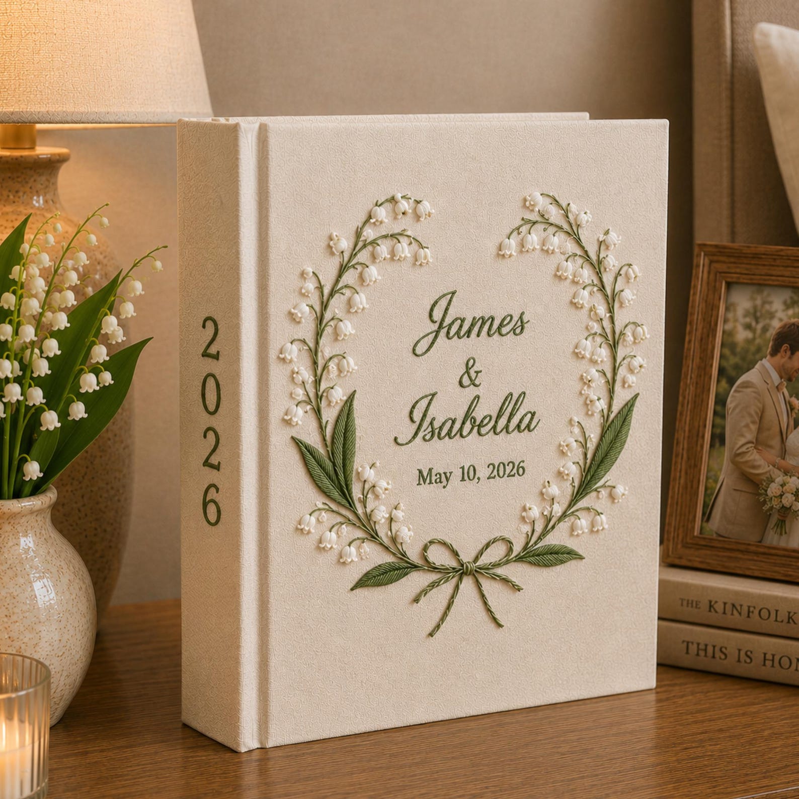 Personalized embroidered wedding photo album with lily of the valley floral wreath embroidery, custom couple names, wedding date, and elegant linen hardcover design