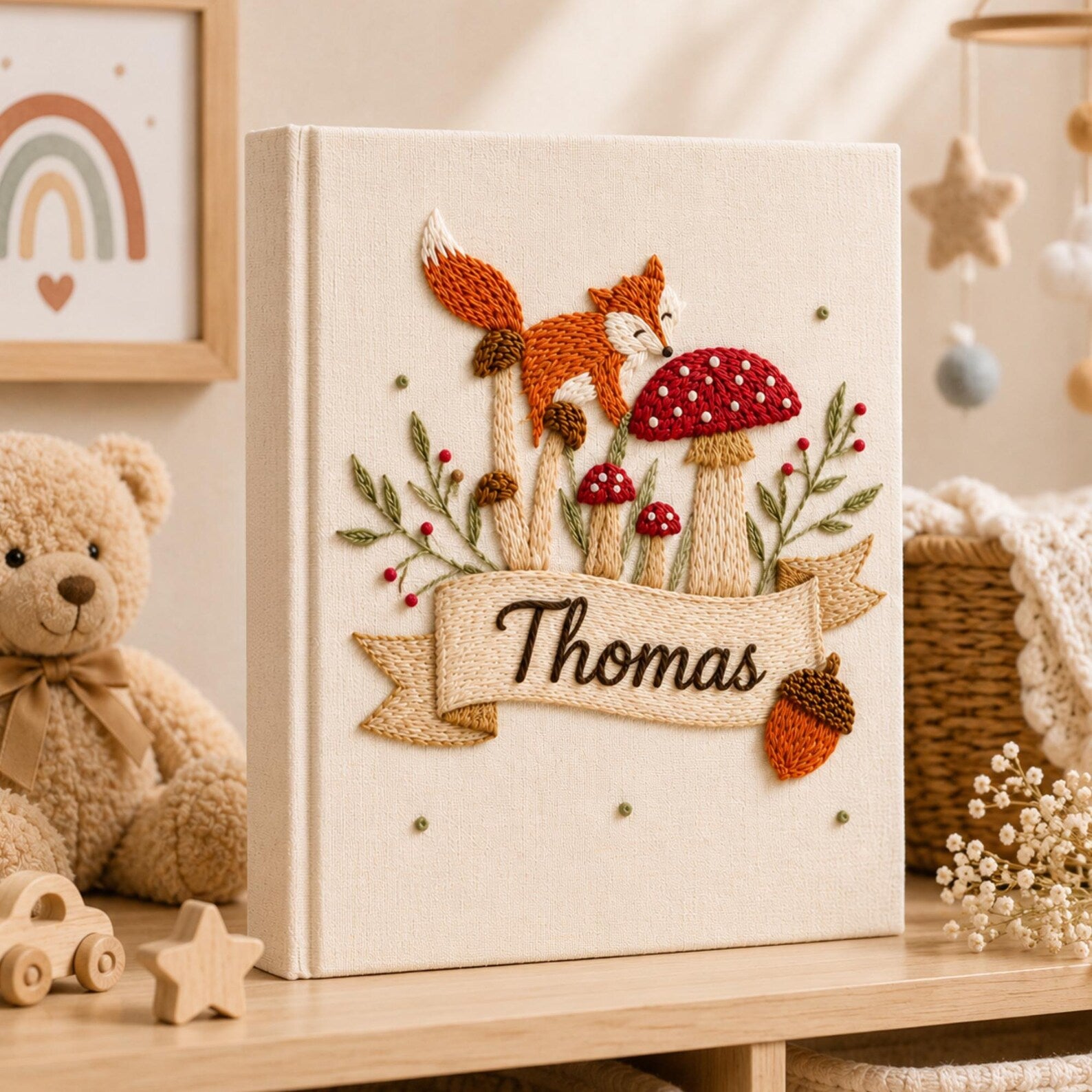 Personalized woodland fox hand embroidered photo album with mushroom and cottagecore nursery design