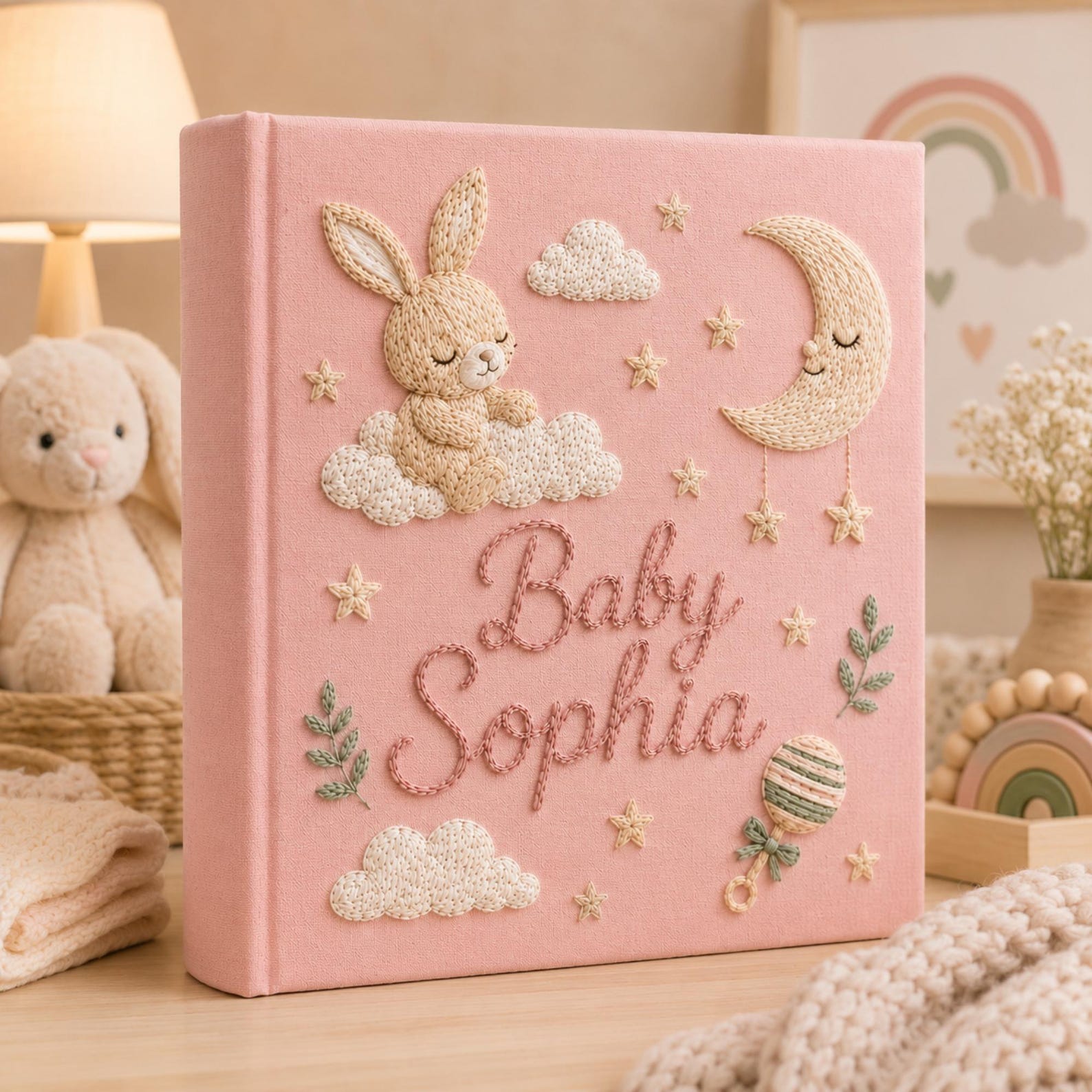 Personalized bunny hand embroidered photo album with moon clouds and stars nursery keepsake design
