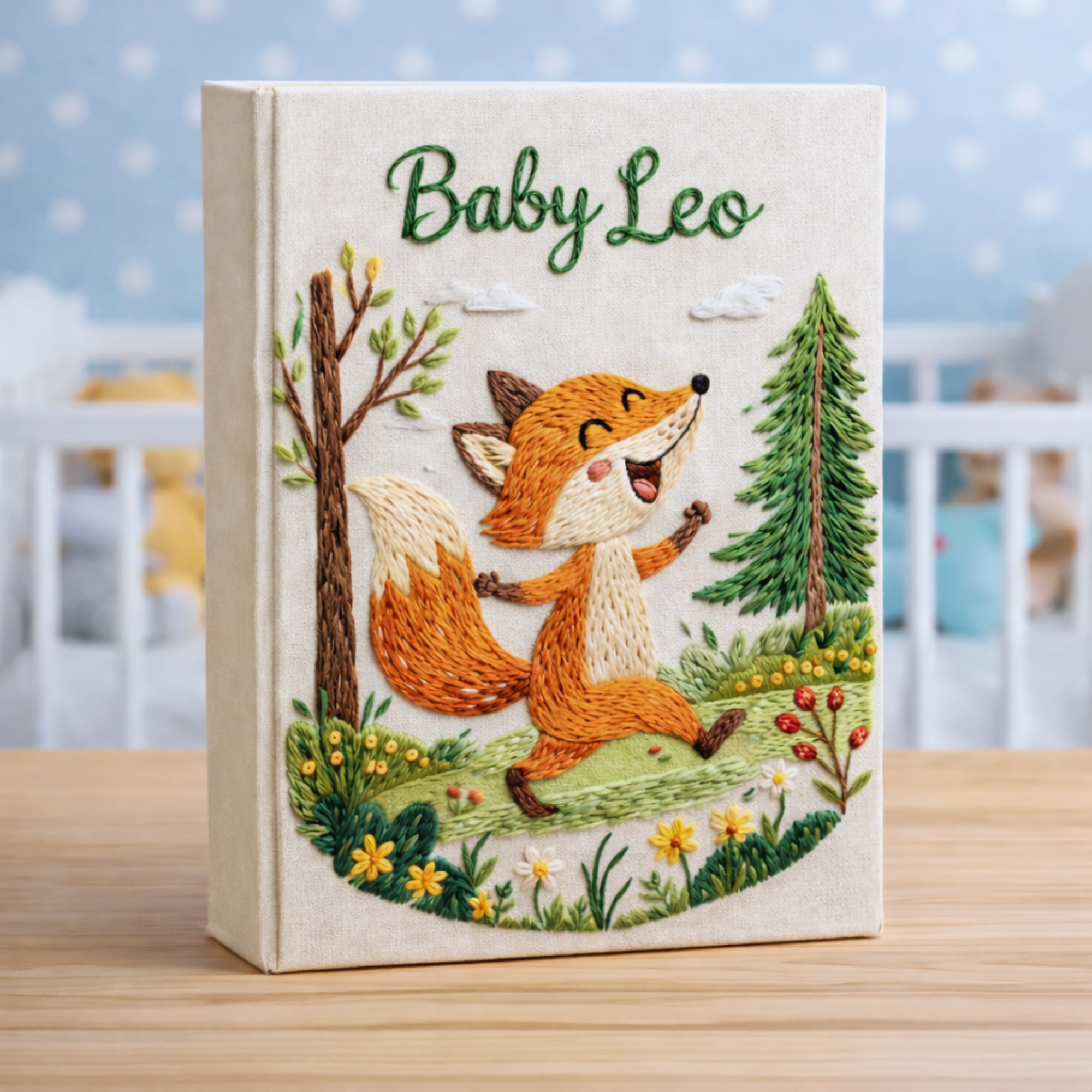 Personalized hand embroidered photo album featuring a cheerful woodland fox running through a forest meadow with pine trees, wildflowers, and greenery on a premium linen cover customized with a baby name