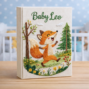 Personalized hand embroidered photo album featuring a cheerful woodland fox running through a forest meadow with pine trees, wildflowers, and greenery on a premium linen cover customized with a baby name