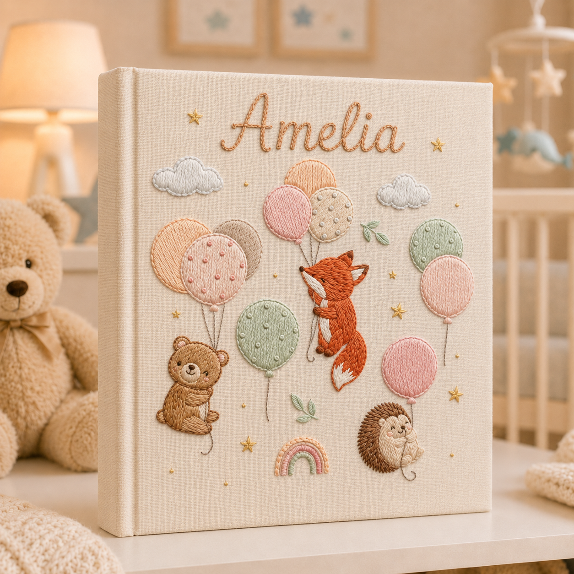 Personalized hand embroidered photo album featuring woodland animals with pastel balloons, clouds, stars, and rainbow details on a linen cover
