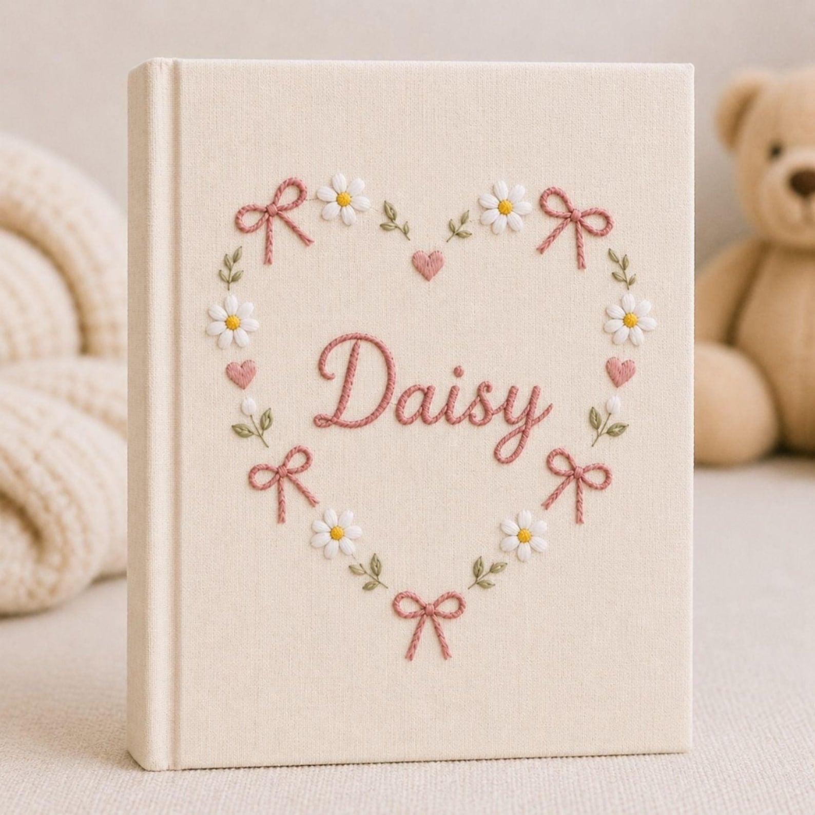 Personalized daisy heart hand embroidered photo album with floral bow and pastel design on linen cover