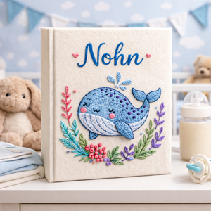Personalized hand embroidered photo album featuring a cute blue whale surrounded by colorful ocean botanicals and underwater floral accents on a linen cover