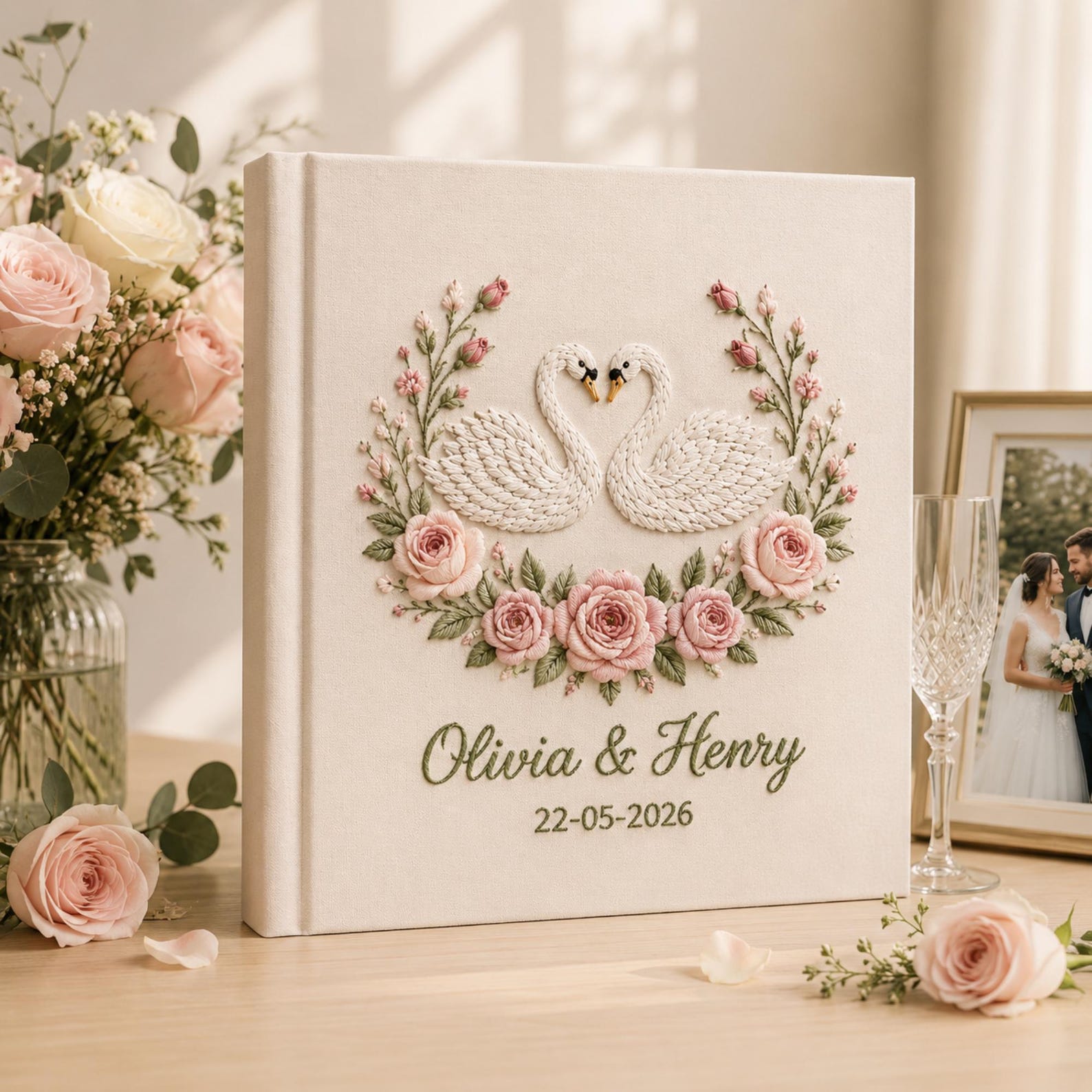 Personalized embroidered wedding photo album with white swans, blush pink rose embroidery, custom couple names, wedding date, and elegant linen hardcover design