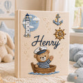 Personalized hand embroidered baby photo album with sailor teddy bear boat lighthouse and nautical nursery design