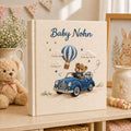 Personalized baby boy hand embroidered photo album with teddy bear driving blue vintage car and hot air balloon