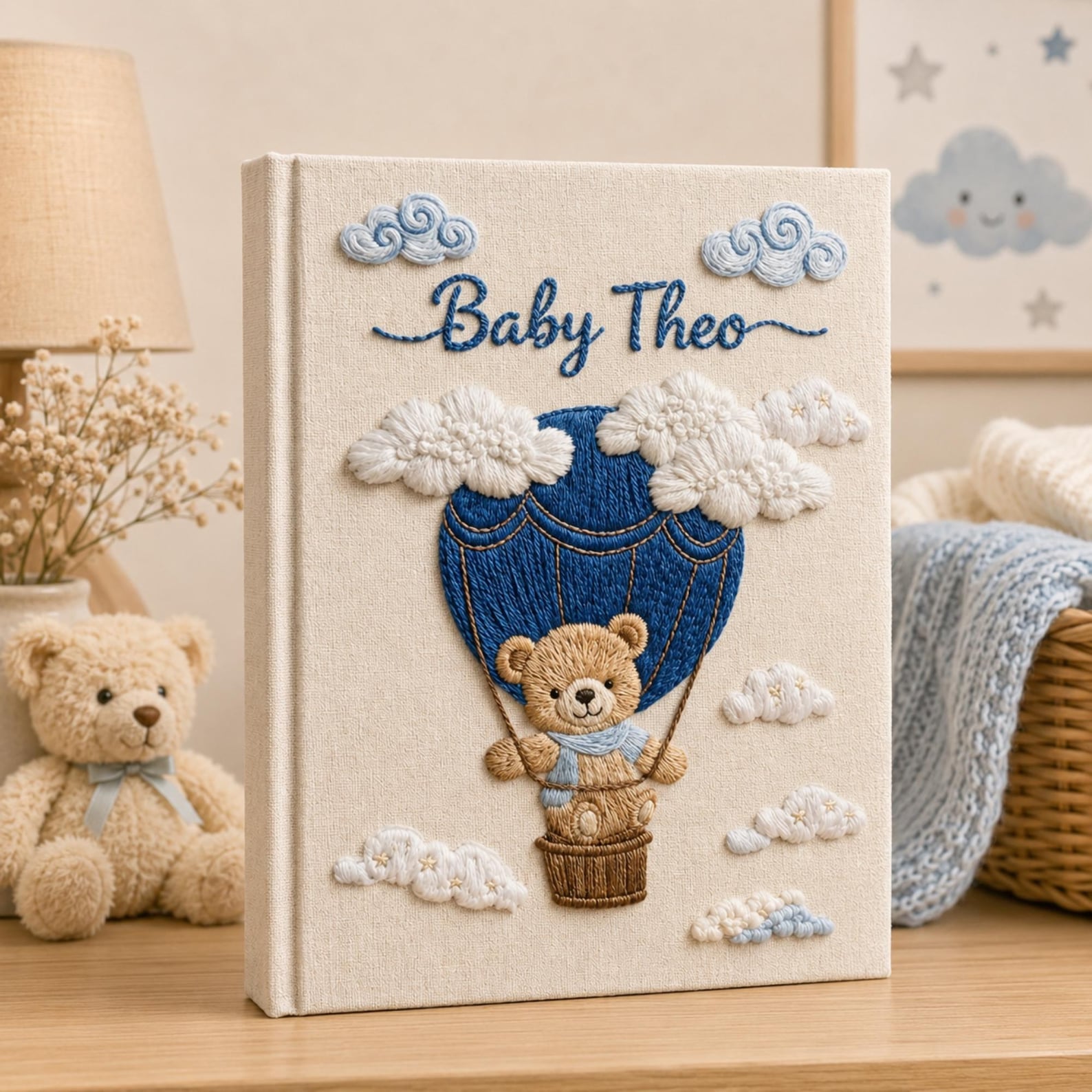 Personalized embroidered baby photo album with teddy bear in blue hot air balloon and fluffy cloud nursery design