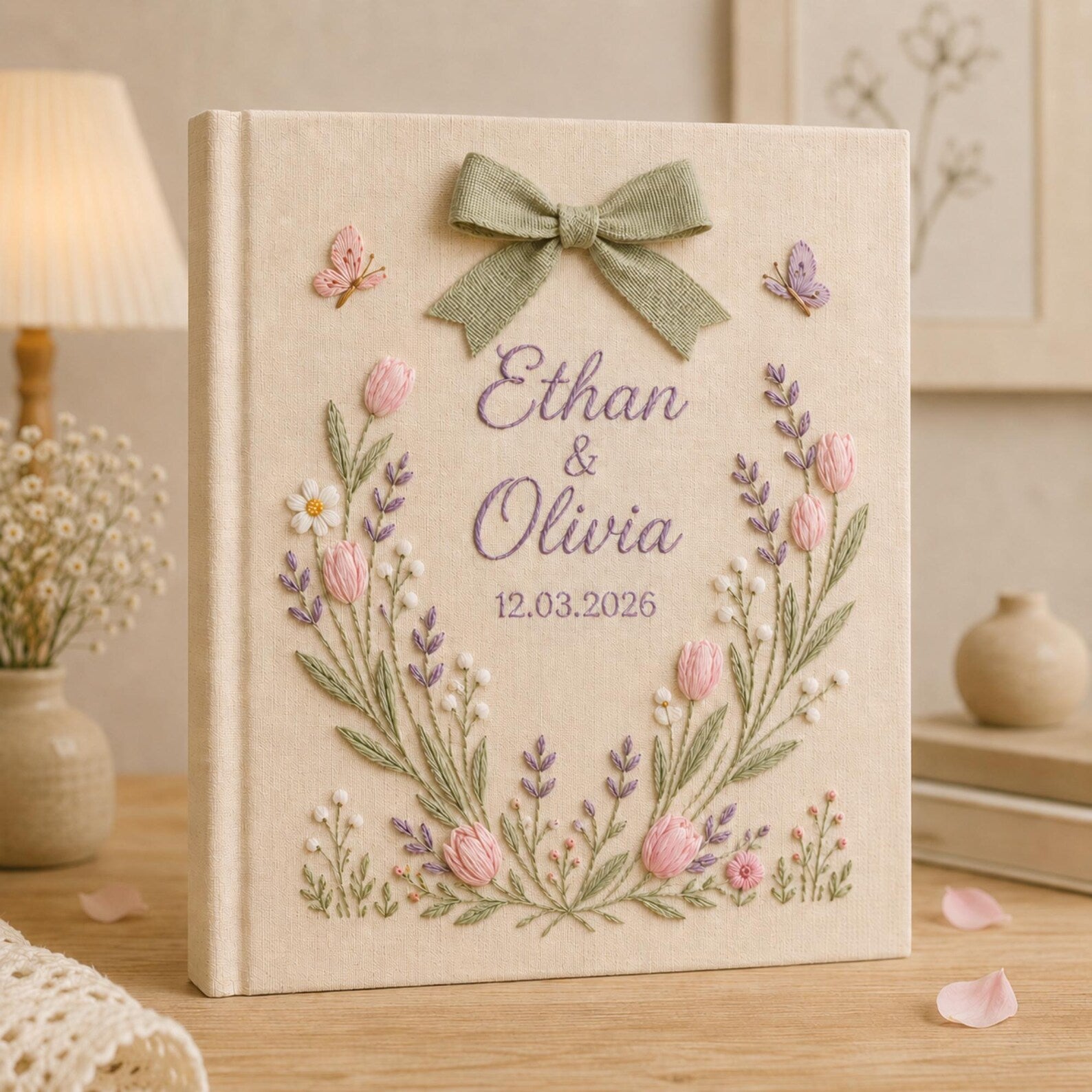 Personalized hand embroidered tulip floral wedding photo album with bow detail and custom couple names on linen cover