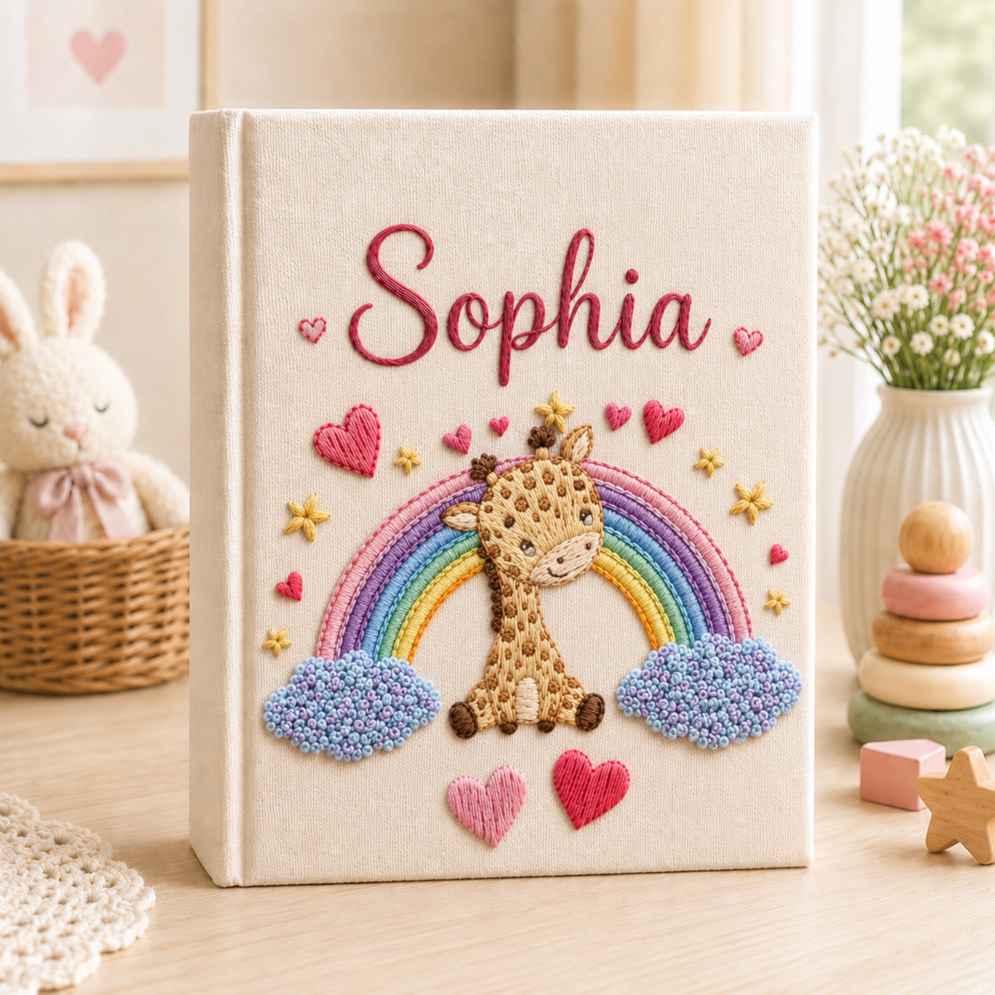 Personalized hand embroidered photo album featuring a cute giraffe under a rainbow with hearts and stars on a premium linen cover customized with a baby name
