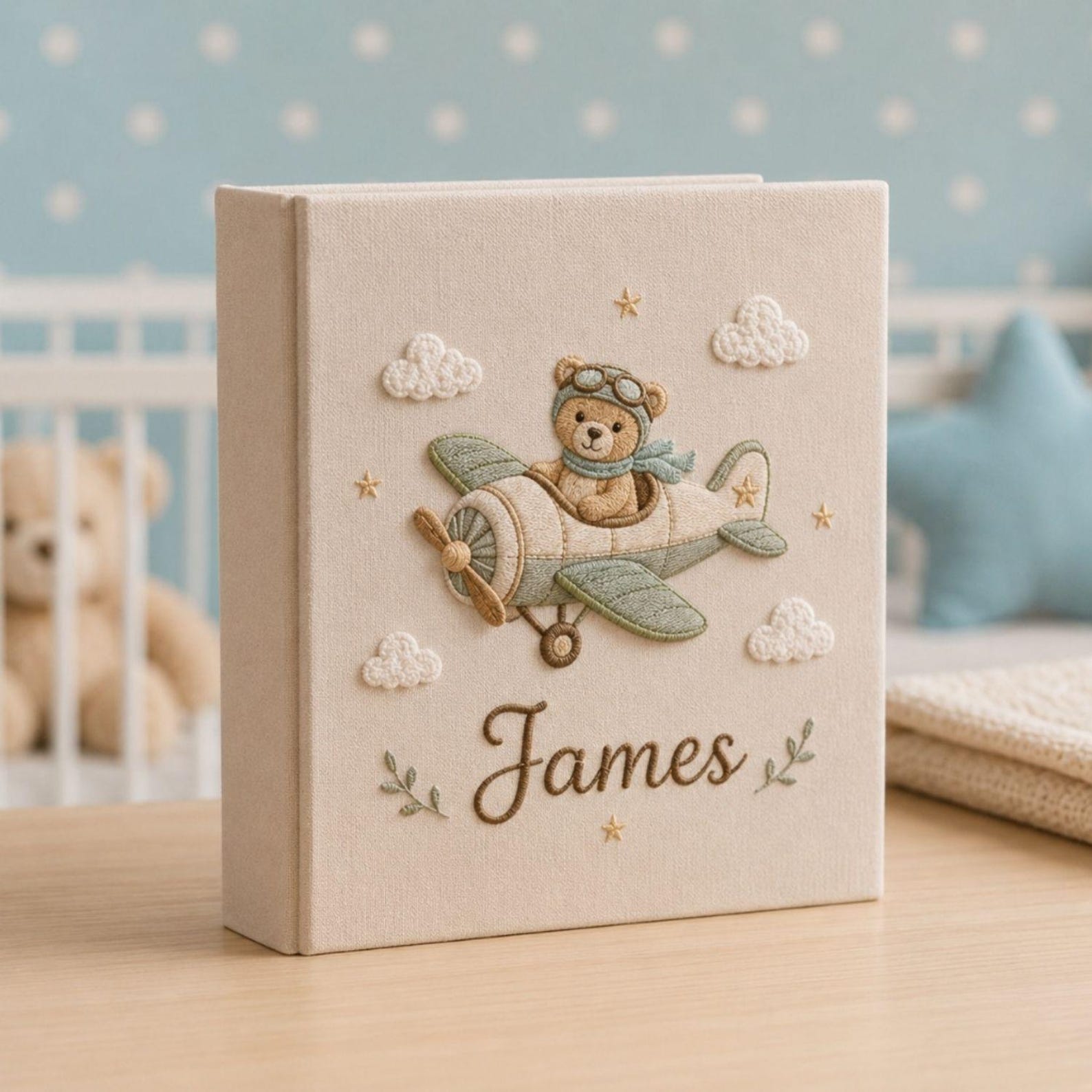 Personalized teddy aviator airplane hand embroidered baby photo album with vintage airplane nursery design on linen cover