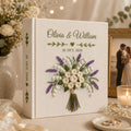 Personalized lavender rose bouquet hand embroidered photo album with custom names and wedding date on linen cover