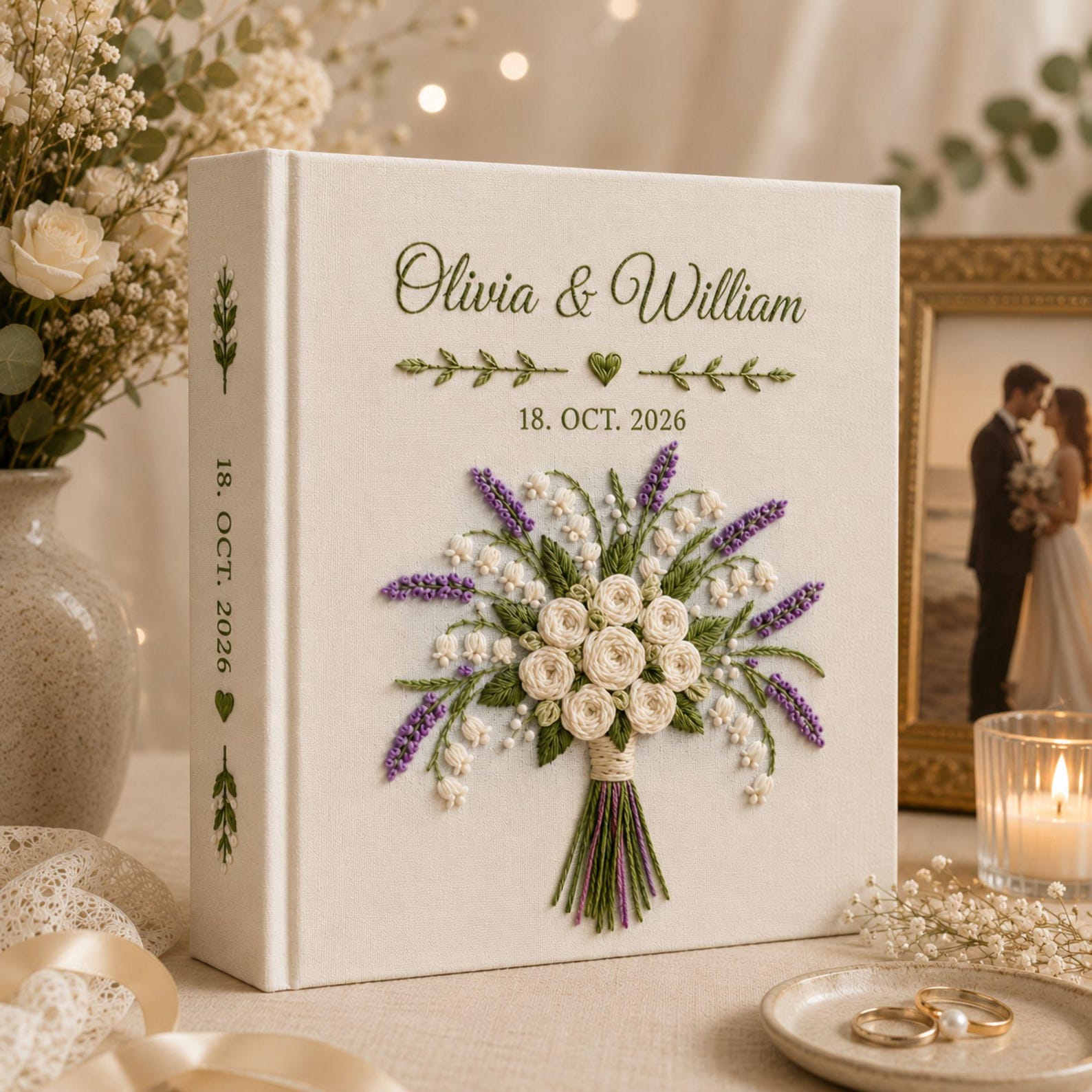 Personalized lavender rose bouquet hand embroidered photo album with custom names and wedding date on linen cover