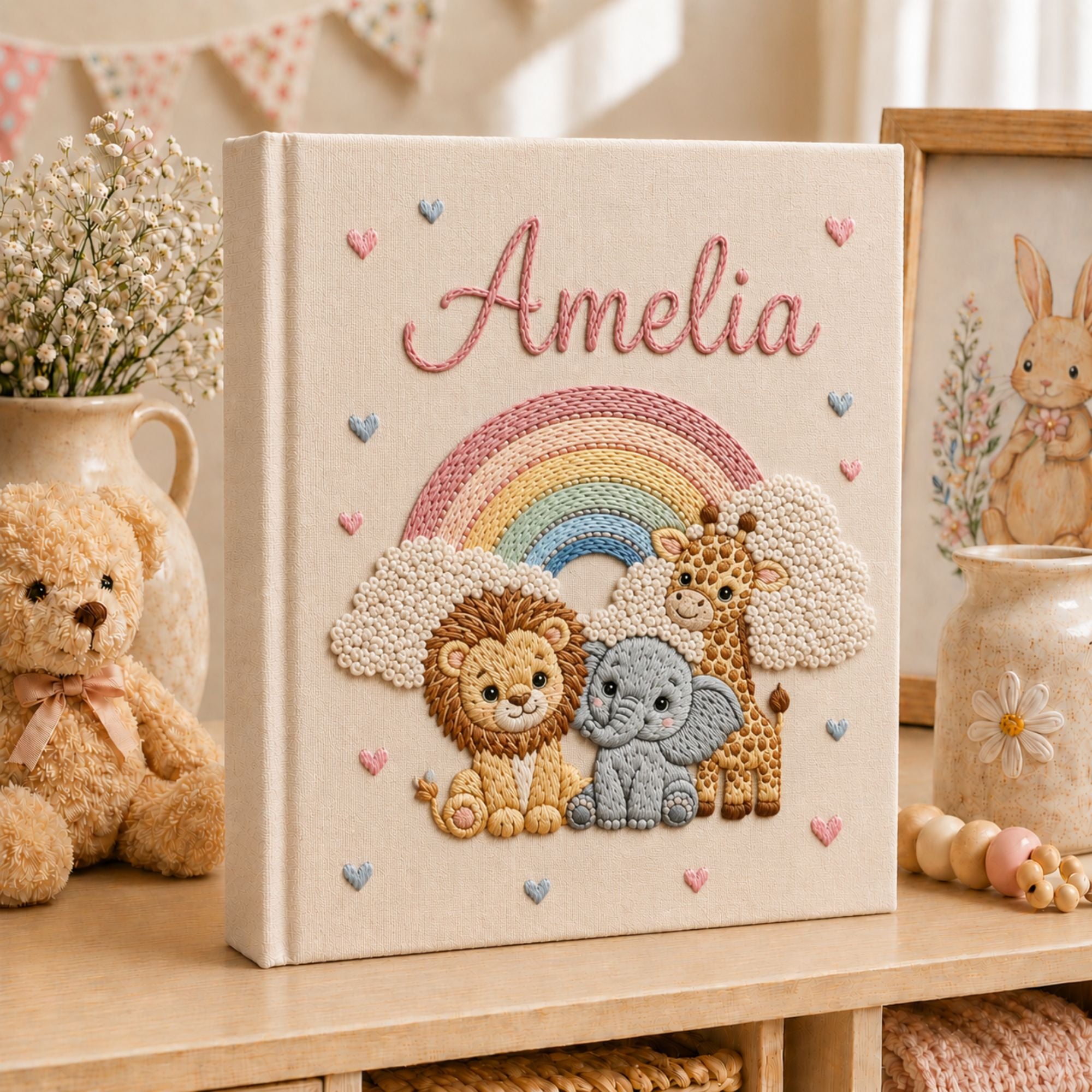 Personalized hand embroidered photo album featuring lion elephant and giraffe under a pastel rainbow with custom name embroidery