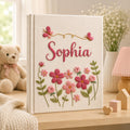 Personalized hand embroidered floral baby photo album with pink flowers and butterfly accents
