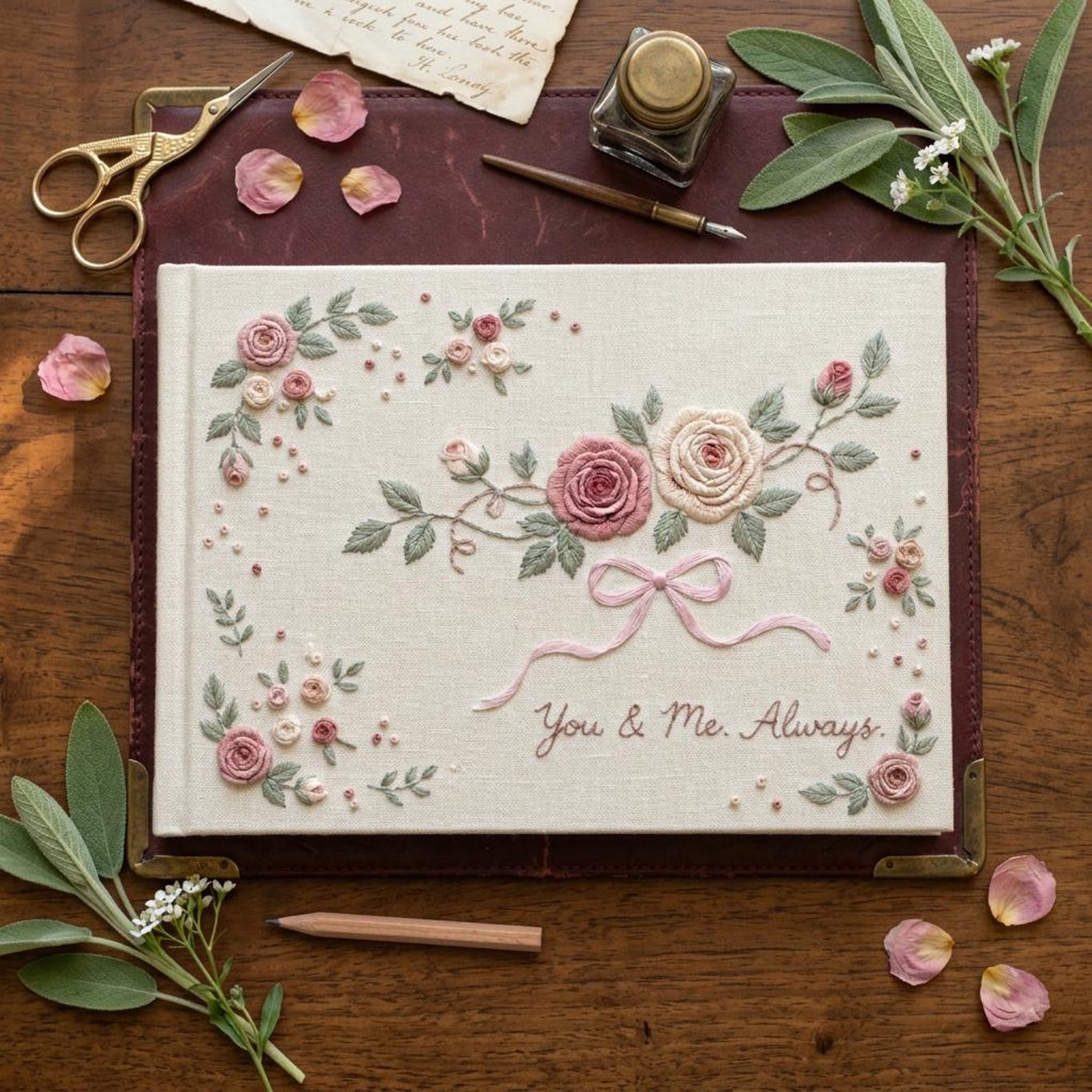 Hand embroidered wedding guest book with pink roses, ribbon bow, floral embroidery and romantic quote on linen cover