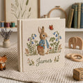 Personalized woodland bunny hand embroidered baby photo album with floral forest nursery design on linen cover