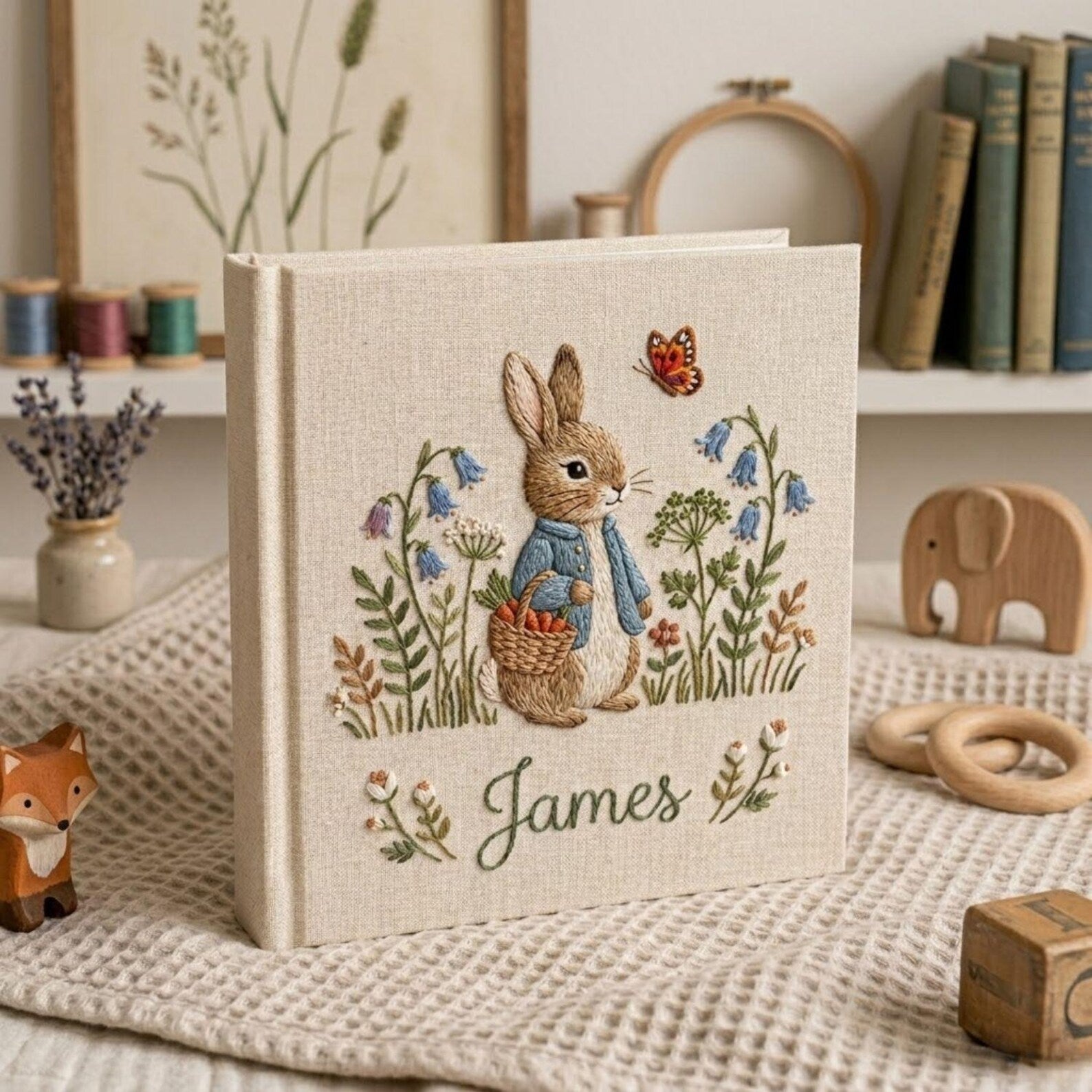 Personalized woodland bunny hand embroidered baby photo album with floral forest nursery design on linen cover