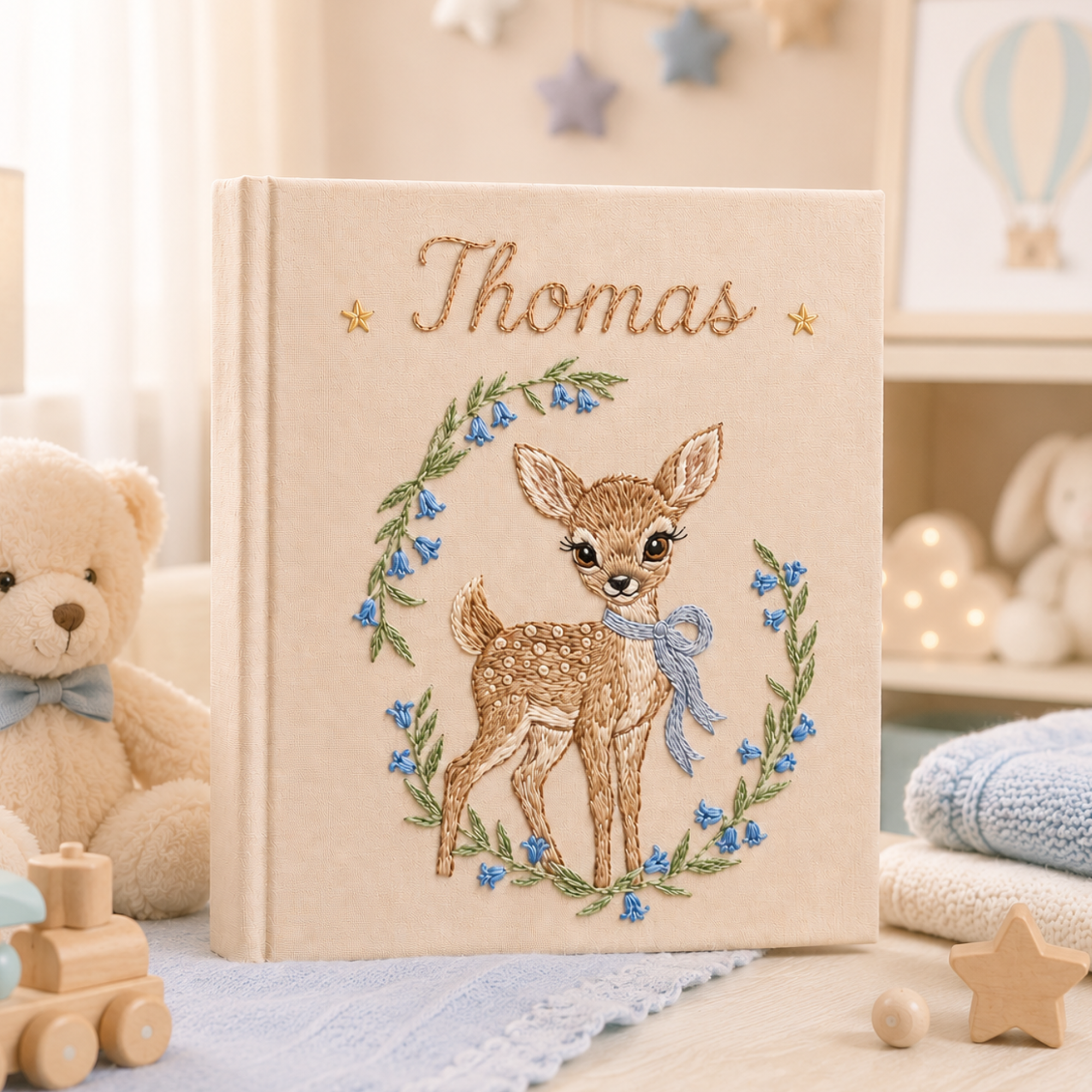Personalized hand embroidered photo album featuring a woodland fawn surrounded by blue wildflowers and custom name embroidery