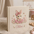 Personalized bunny princess embroidered baby photo album with pink ballerina bunny design on linen cover