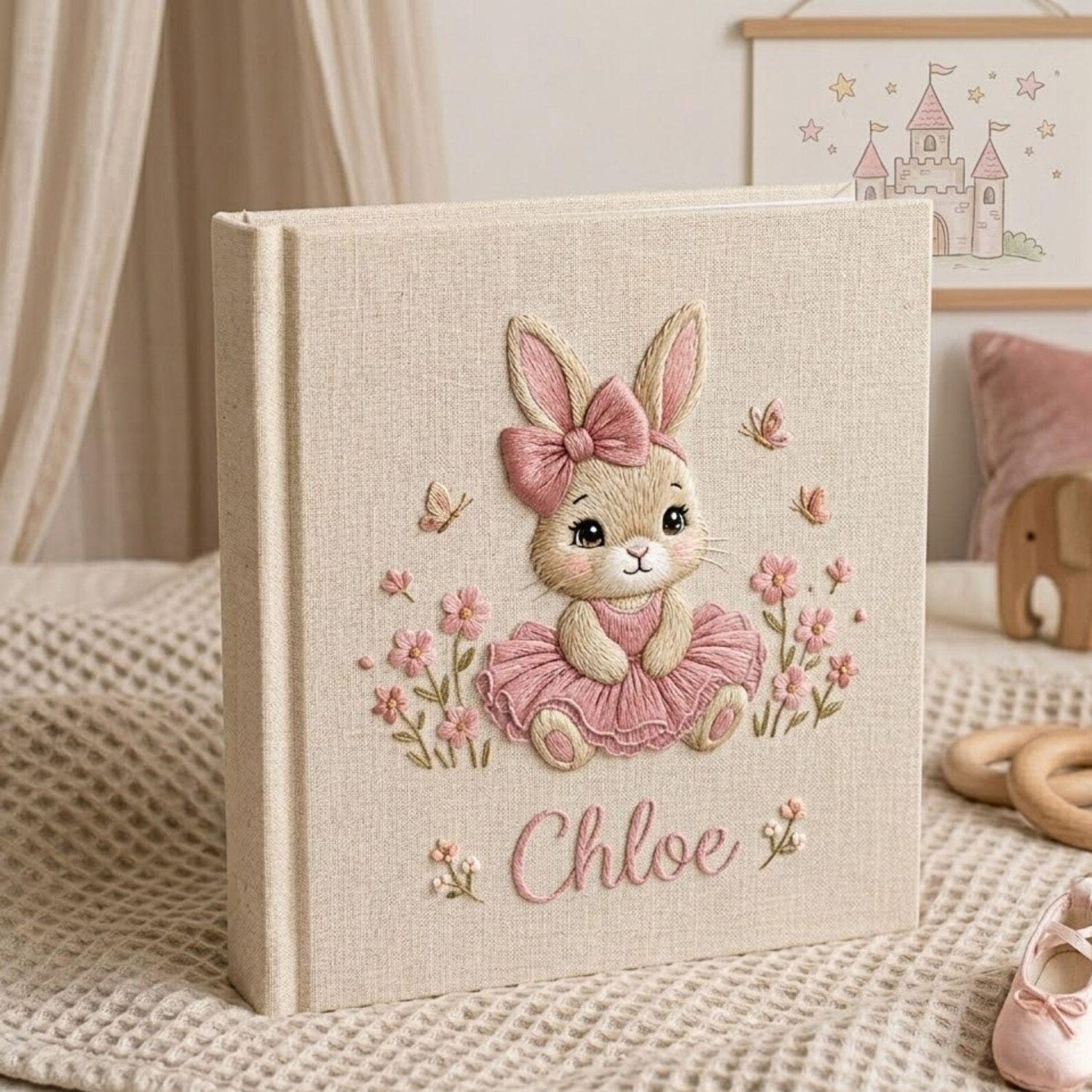 Personalized bunny princess embroidered baby photo album with pink ballerina bunny design on linen cover
