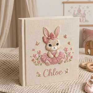 Personalized bunny princess embroidered baby photo album with pink ballerina bunny design on linen cover
