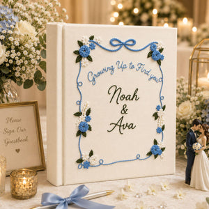 Personalized wedding photo album with blue floral embroidery ribbon border custom couple names and linen fabric cover