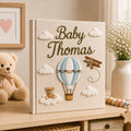 Personalized hot air balloon hand embroidered baby photo album with clouds teddy bear and airplane