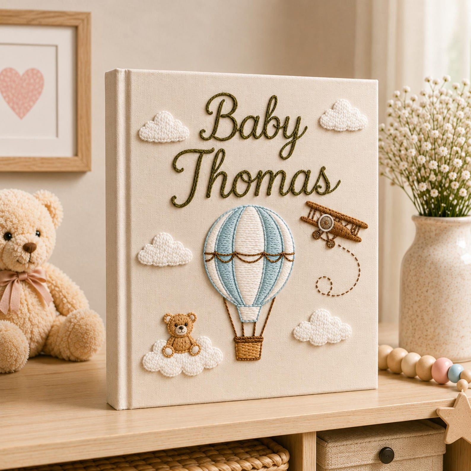 Personalized hot air balloon hand embroidered baby photo album with clouds teddy bear and airplane