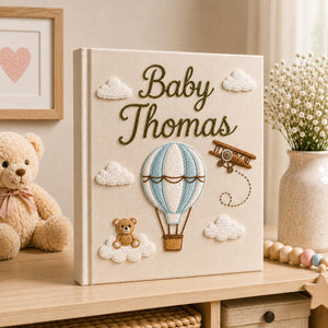 Personalized hot air balloon hand embroidered baby photo album with clouds teddy bear and airplane