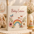 Personalized hand embroidered baby photo album with pastel rainbow, flowers, and butterflies