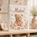 Personalized floral teddy bear hand embroidered photo album with pastel flowers and cloud nursery design
