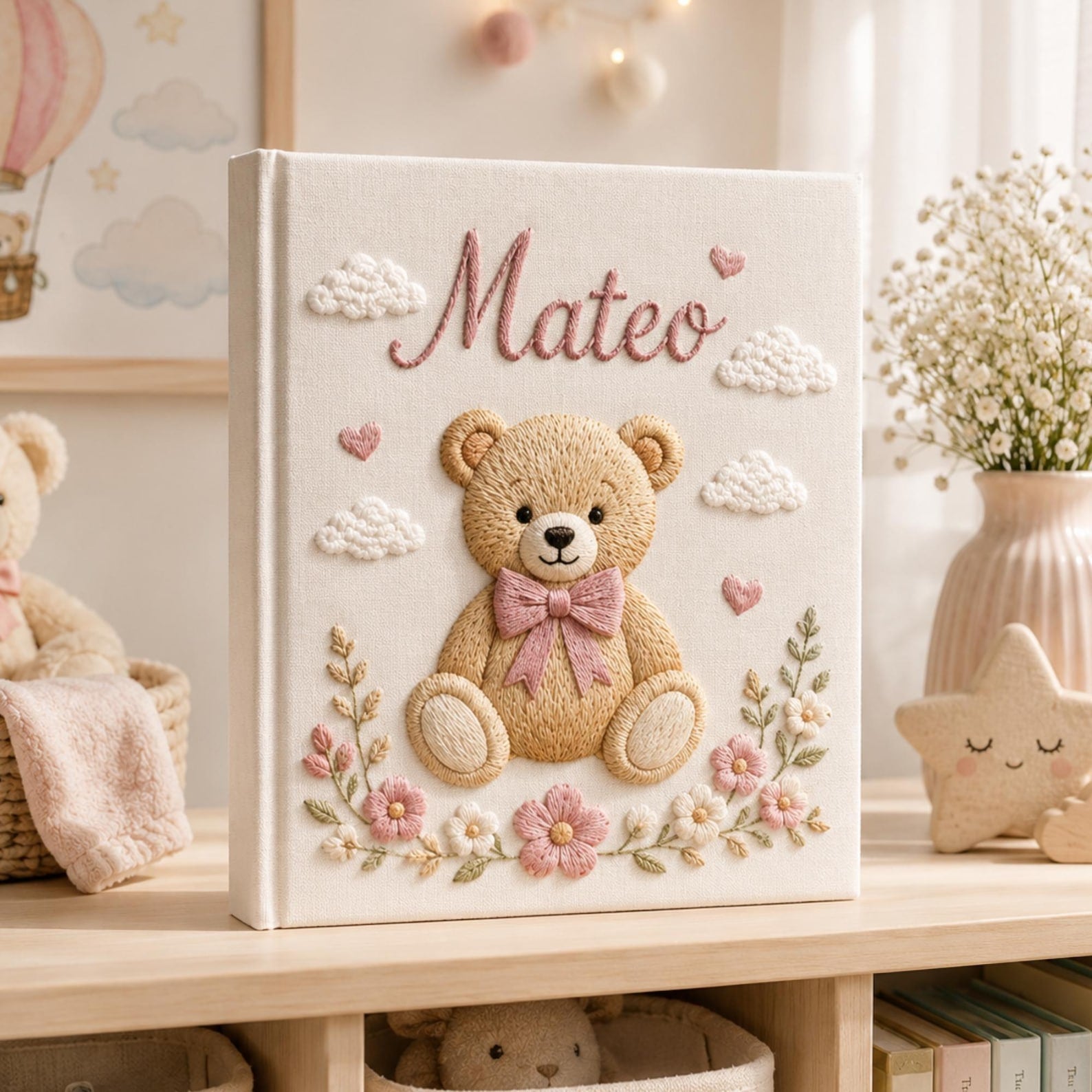 Personalized floral teddy bear hand embroidered photo album with pastel flowers and cloud nursery design