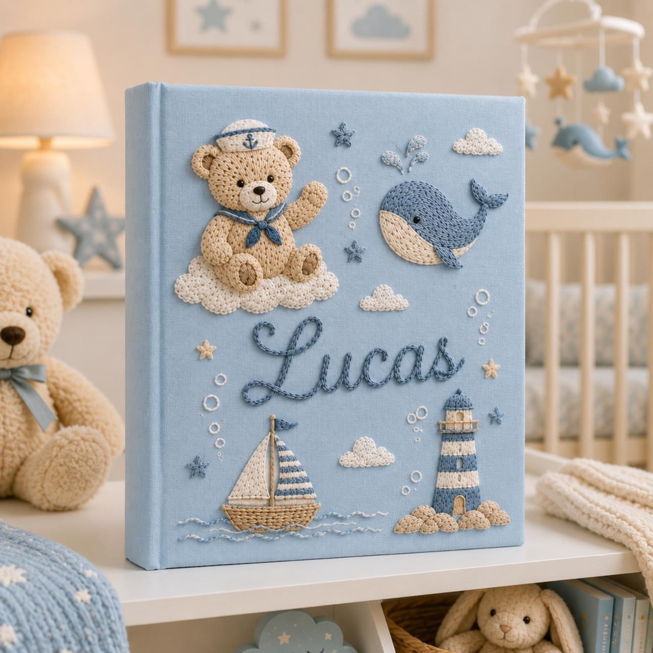 Personalized hand embroidered nautical baby photo album with sailor teddy bear, whale, sailboat, and lighthouse design