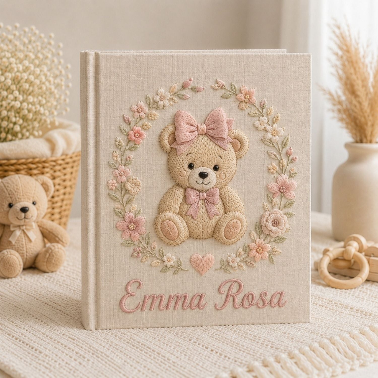 Personalized hand embroidered photo album featuring a classic teddy bear with pink bows and delicate floral embroidery on a linen cover