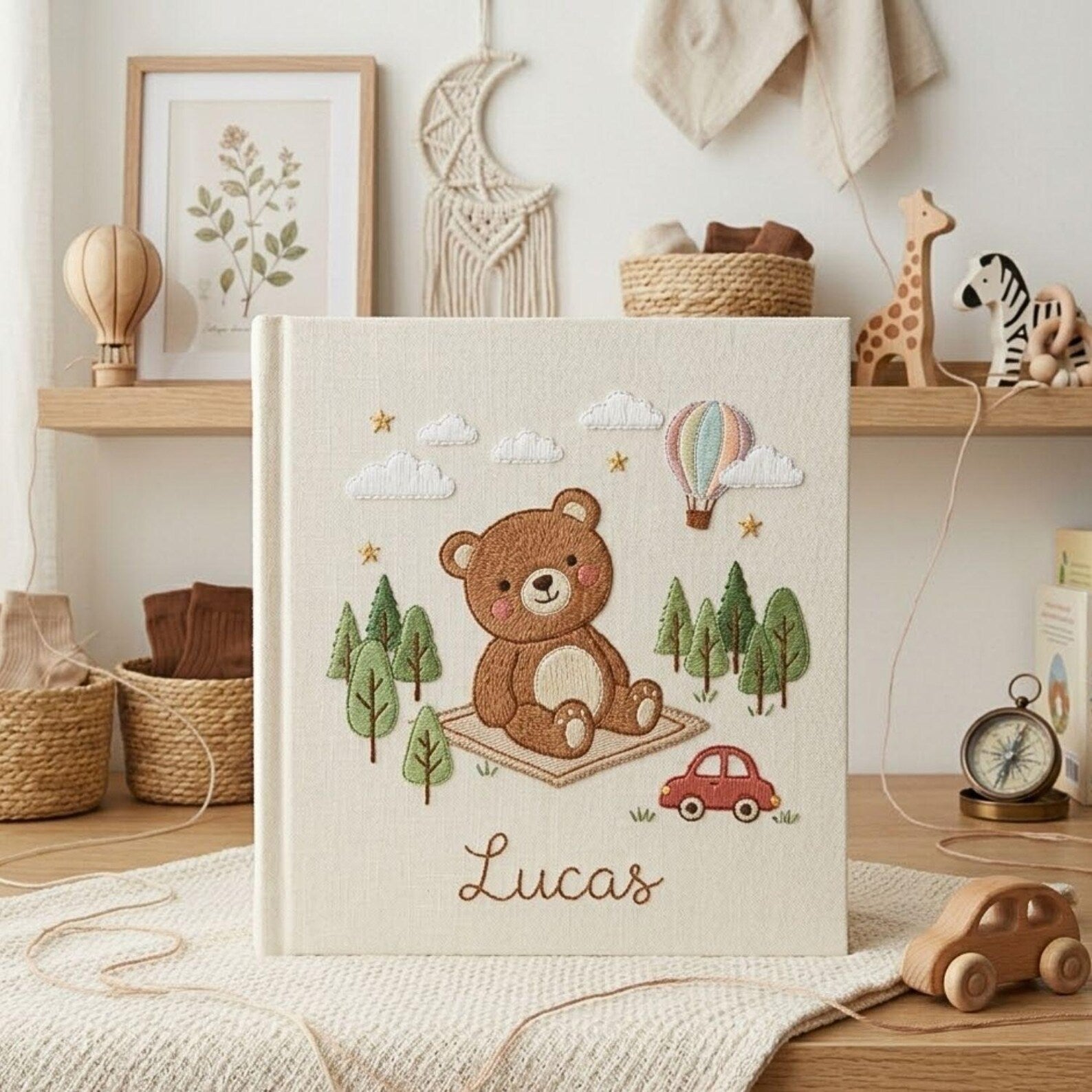 Personalized adventure teddy bear hand embroidered baby photo album with hot air balloon and forest design on linen cover