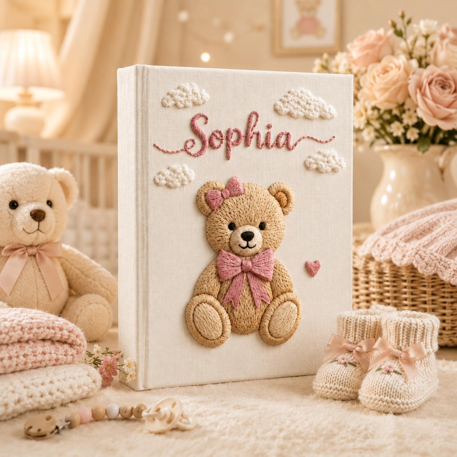 Personalized teddy bear hand embroidered newborn photo album with pink ribbon and soft cloud nursery design