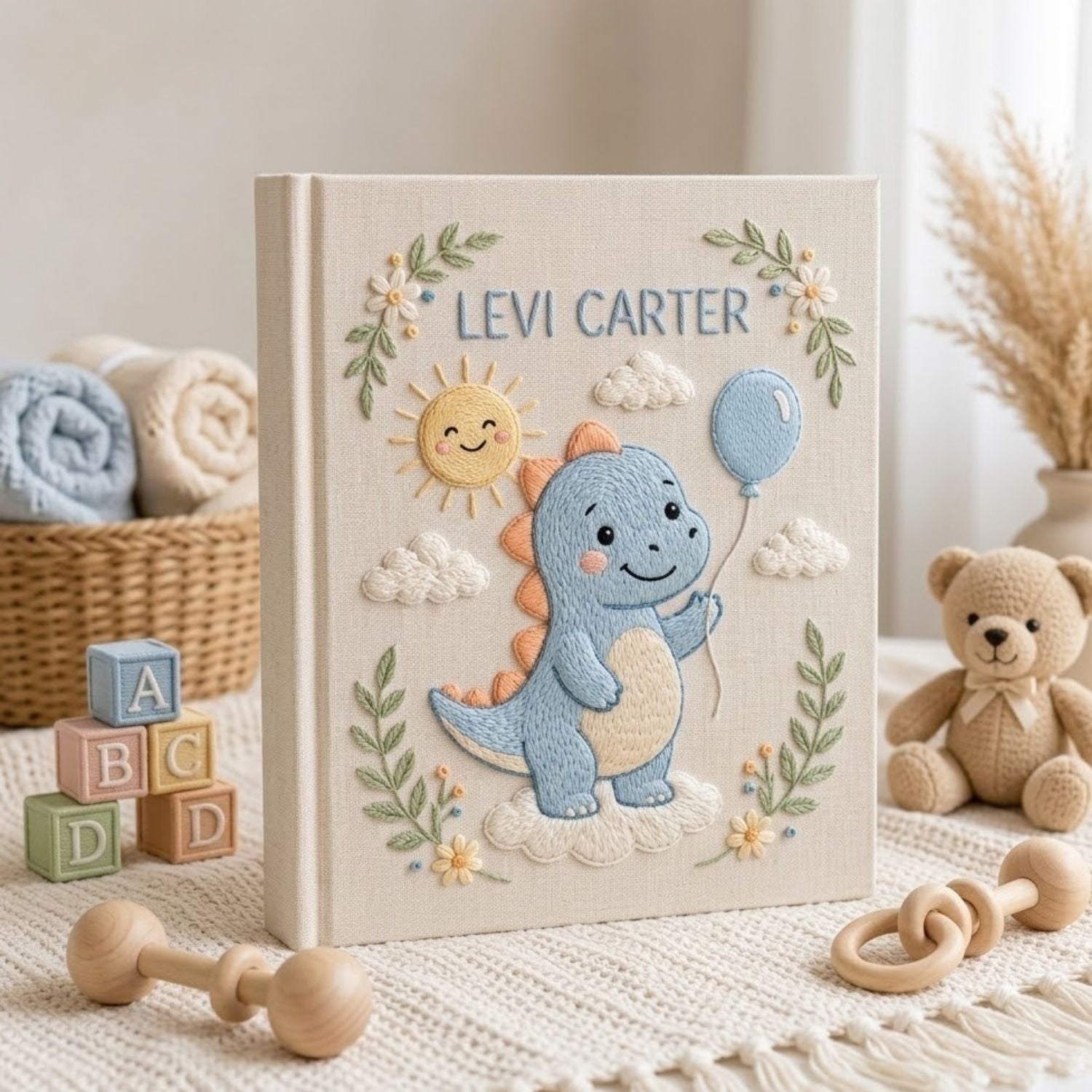 Personalized hand embroidered photo album featuring a cute blue dinosaur holding a balloon with sunshine and cloud details on a linen cover