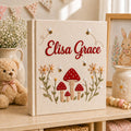 Personalized hand embroidered baby photo album with red mushrooms flowers and bees