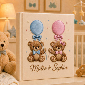 Personalized hand embroidered teddy bear photo album with pastel balloons custom baby keepsake memory book