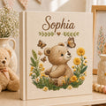 Personalized embroidered baby photo album with teddy bear yellow flowers butterflies and woodland garden design