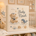 Personalized hand embroidered baby photo album with sailor teddy bear, whale, seashells, and nautical ocean embroidery