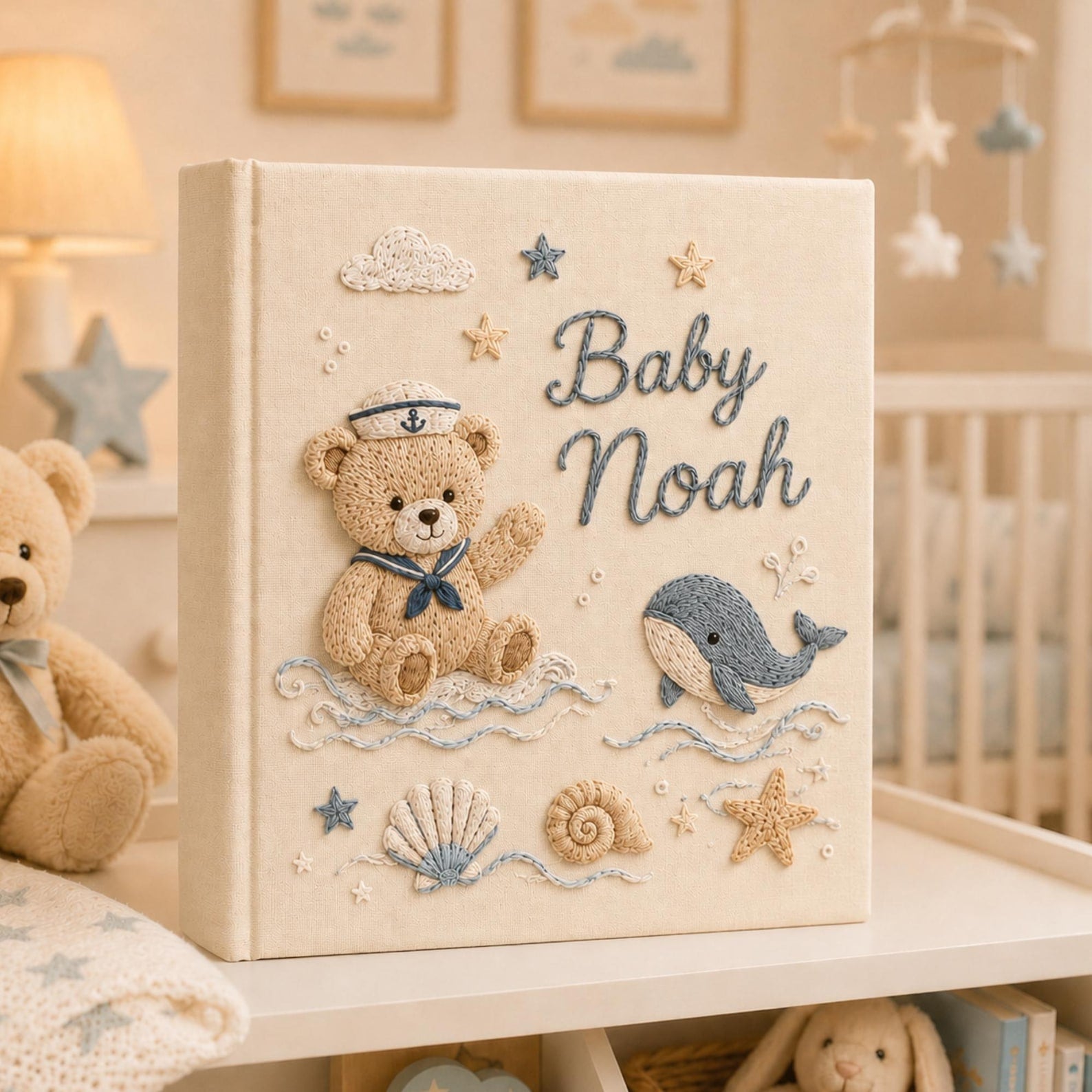Personalized hand embroidered baby photo album with sailor teddy bear, whale, seashells, and nautical ocean embroidery