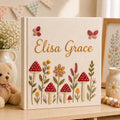 Personalized mushroom garden hand embroidered baby photo album with flowers and butterflies