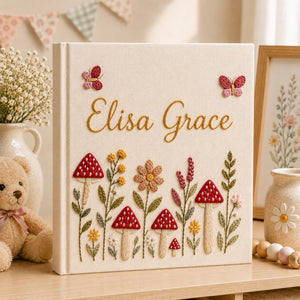 Personalized mushroom garden hand embroidered baby photo album with flowers and butterflies