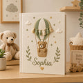 Personalized neutral hot air balloon teddy bear hand embroidered photo album with custom baby name